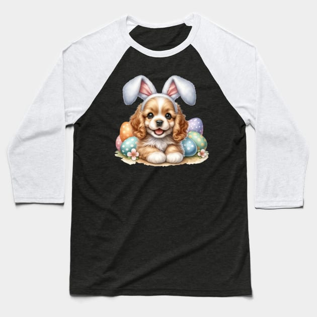 Puppy Cocker Spaniel Bunny Ears Easter Eggs Happy Easter Day Baseball T-Shirt by cyberpunk art